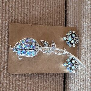 CORO  Tulip Flower Rhinestone Brooch and Clip on Earrings
